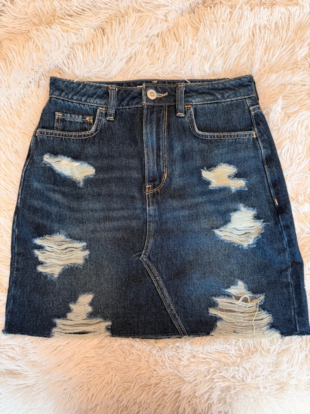 Distressed Dark Blue Denim Skirt